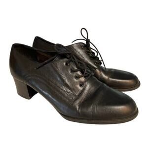 Women's Round Toe Lace up Block Chunky Heel Leather Shoes Penny Black Oxford 9M